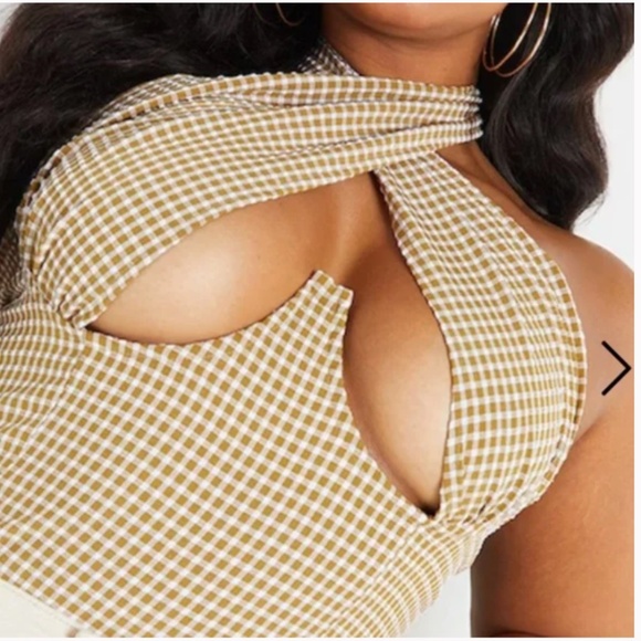 ⭐️ Brown Woven Check Print Cross Over Zip Party Glam Girly Sexy Chic Baddie Top - Picture 4 of 8